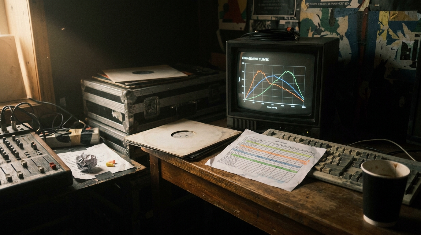 A studio monitor showing three overlaid engagement curves in different colours, with a printed table of percentile bands beside the keyboard