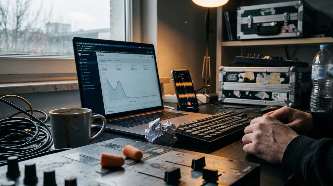A laptop analytics chart that peaks and drops to a flat line, a phone showing an orange waveform page, crumpled paper and earplugs on a producer's desk