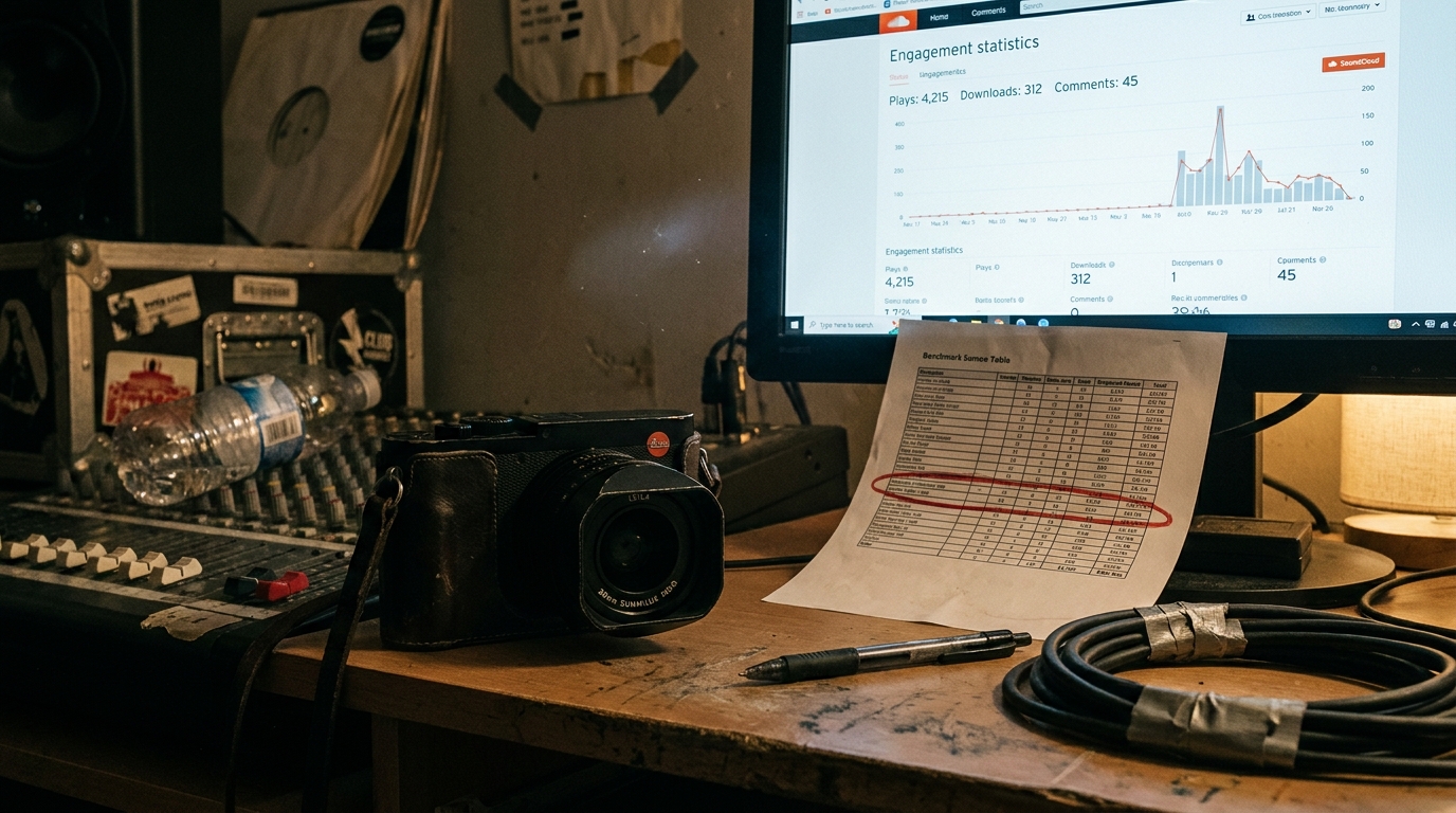 A studio monitor screen showing SoundCloud engagement statistics with a printed benchmark table beside it, one row circled in red marker
