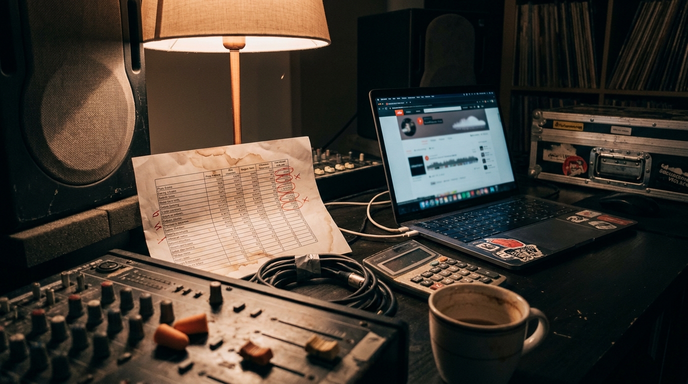 A laptop on a studio desk showing a SoundCloud profile page beside a printed spreadsheet of follower and play counts marked up in red pen