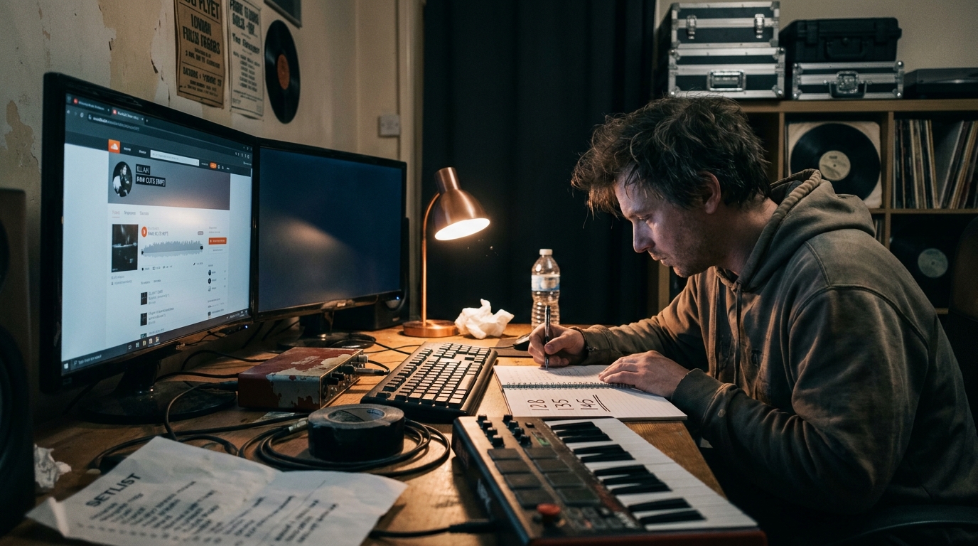 A producer at a home studio desk with a SoundCloud profile open on one screen and a notebook of handwritten follower and play figures beside the keyboard