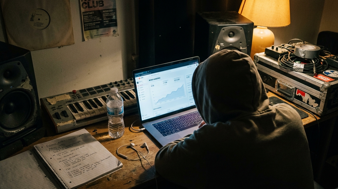 A producer's studio desk at night with a rising analytics chart on the laptop, studio monitors and a handwritten release checklist