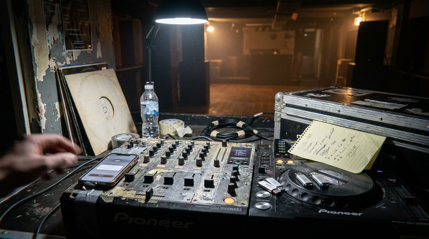 A DJ booth from behind the decks with a phone taped to the mixer showing a download page, USB sticks and a scribbled tracklist beside the CDJs