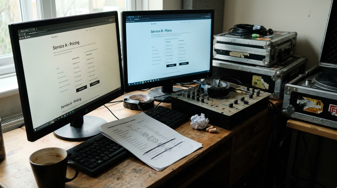 A desk with several service pricing pages open across two screens, a printed comparison sheet between them with figures circled and two entries crossed out