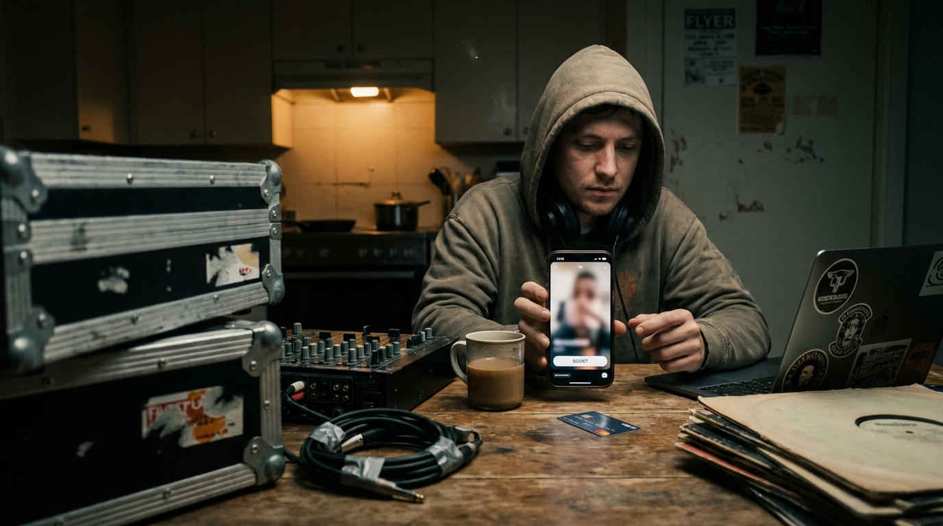 A musician at a kitchen table after midnight, thumb hovering over a boost button on their phone, debit card face-down beside a cold coffee