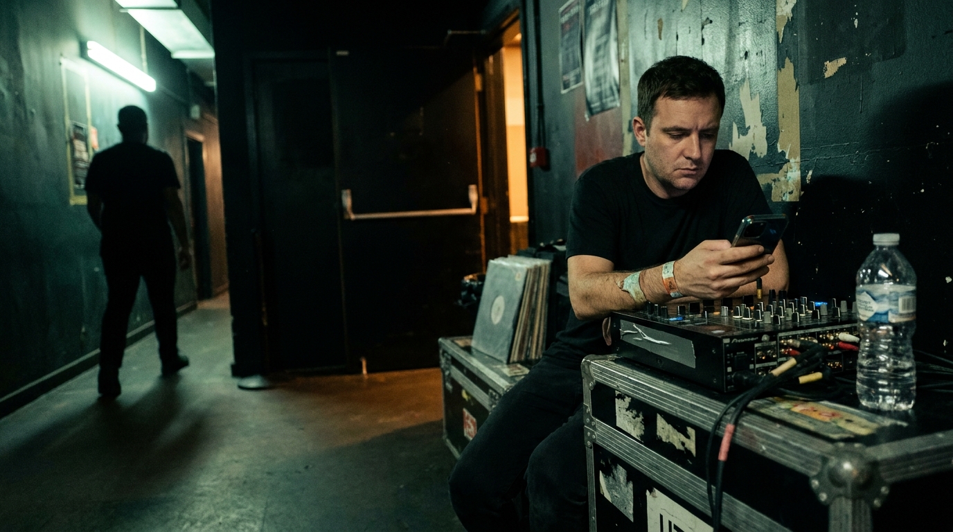 A DJ backstage looking unimpressed at a plateauing analytics chart on their phone — paid views arrived, nothing else did