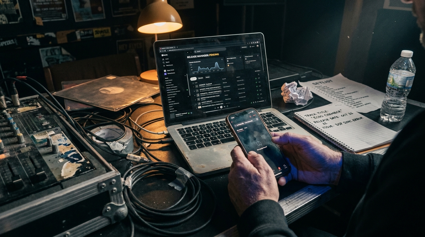 A phone held over a studio desk showing a TikTok search with no results for a track title, a laptop behind it displaying a distributor delivery dashboard