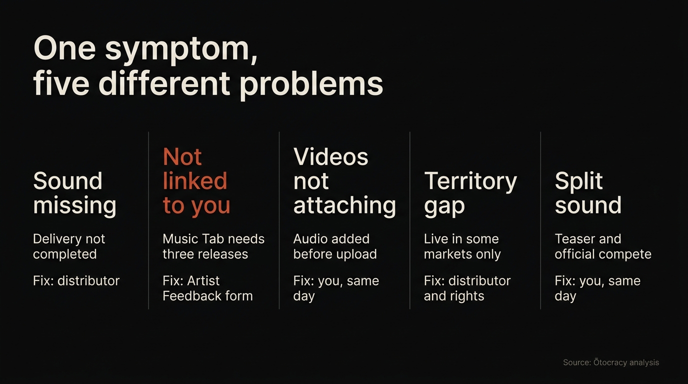Five branches from one symptom: sound missing, sound unlinked, videos not attaching, territory gap, and split sound, each with a different owner and fix