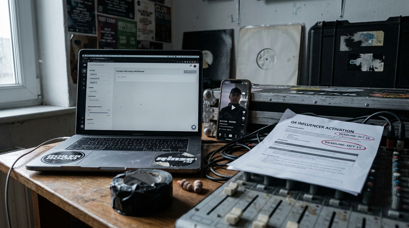 A laptop on a desk showing a creator discovery dashboard with filter panels for location and follower count, a phone beside it displaying a TikTok profile