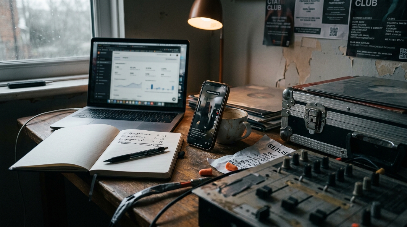 A laptop screen showing a creator's TikTok analytics beside a notebook of handwritten engagement percentages, a phone displaying a paid-partnership label, and a coffee cup on a dark studio desk