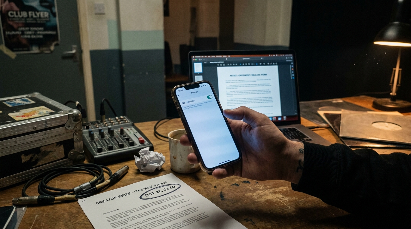 A hand holding a phone at the moment of posting with a disclosure toggle switched on, a printed creator brief with a circled timestamp on the desk below, and a contract document open on a laptop behind