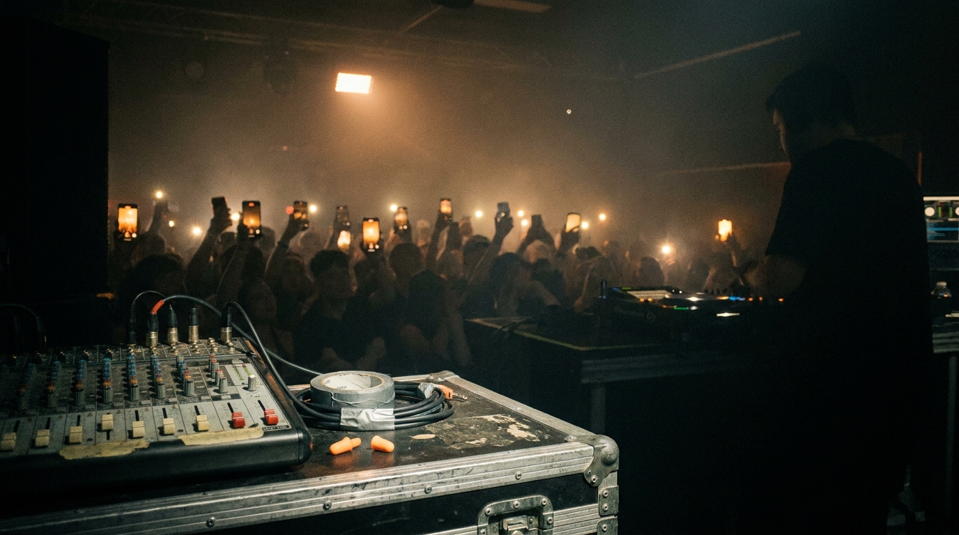 A club crowd holding up phones to film a drop, screens glowing as bright rectangles in the dark with the DJ silhouetted at frame edge