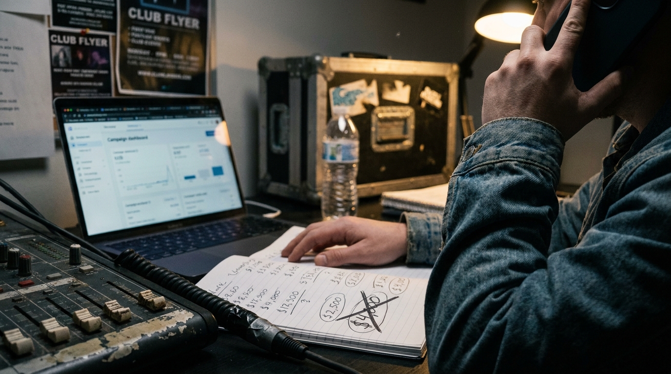 Over-the-shoulder view of a rate negotiation call, notebook of circled creator rates with one crossed out, blurred campaign dashboard behind