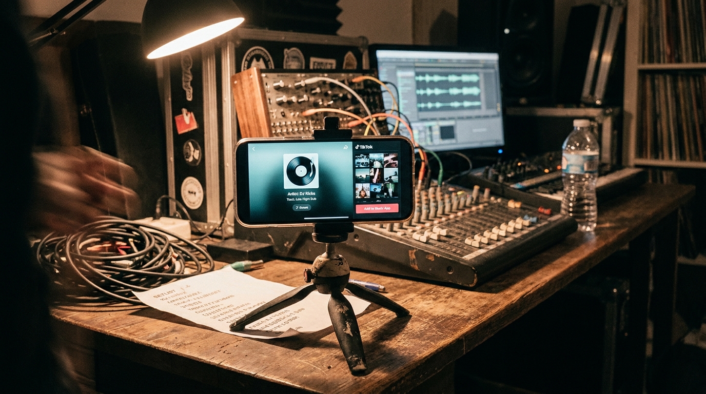 A producer's phone on a tripod showing a TikTok sound page — spinning record icon, video grid, and an Add to Music App button — with a synth glowing behind it