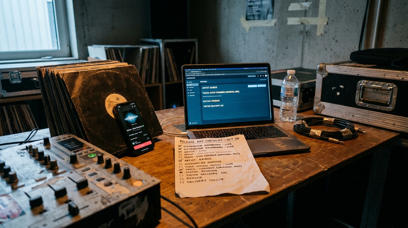 A release checklist beside a laptop showing a distributor dashboard — artist name, title, and TikTok delivery toggle — with a phone displaying the matching official sound