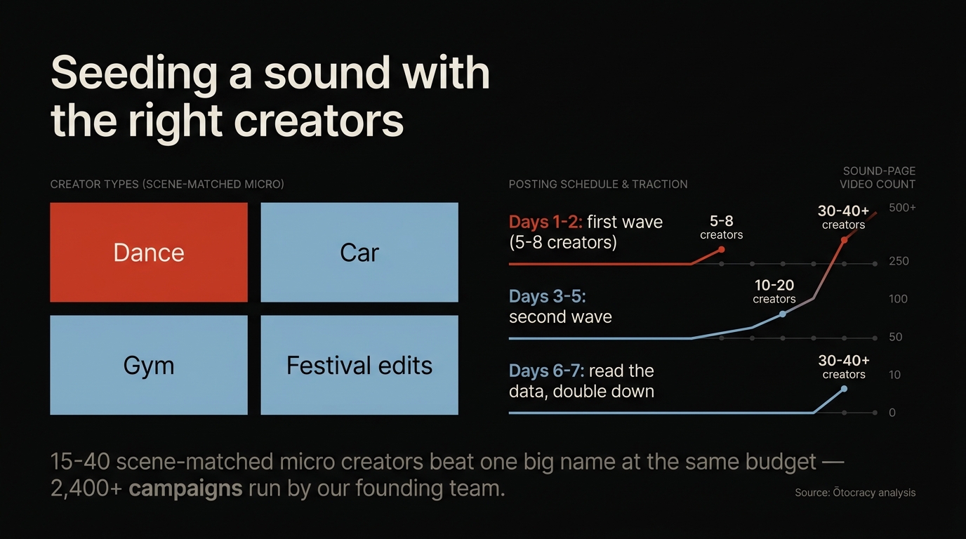 A grid of niche creator profiles — dance, gym, car, and festival pages — with a staggered posting calendar and a sound page video count rising alongside