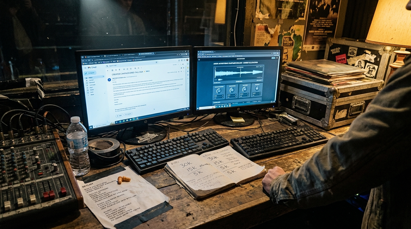 Two screens side by side on a studio desk, one showing a creator campaign brief and the other an audio ad campaign builder, a notebook of budget figures between them